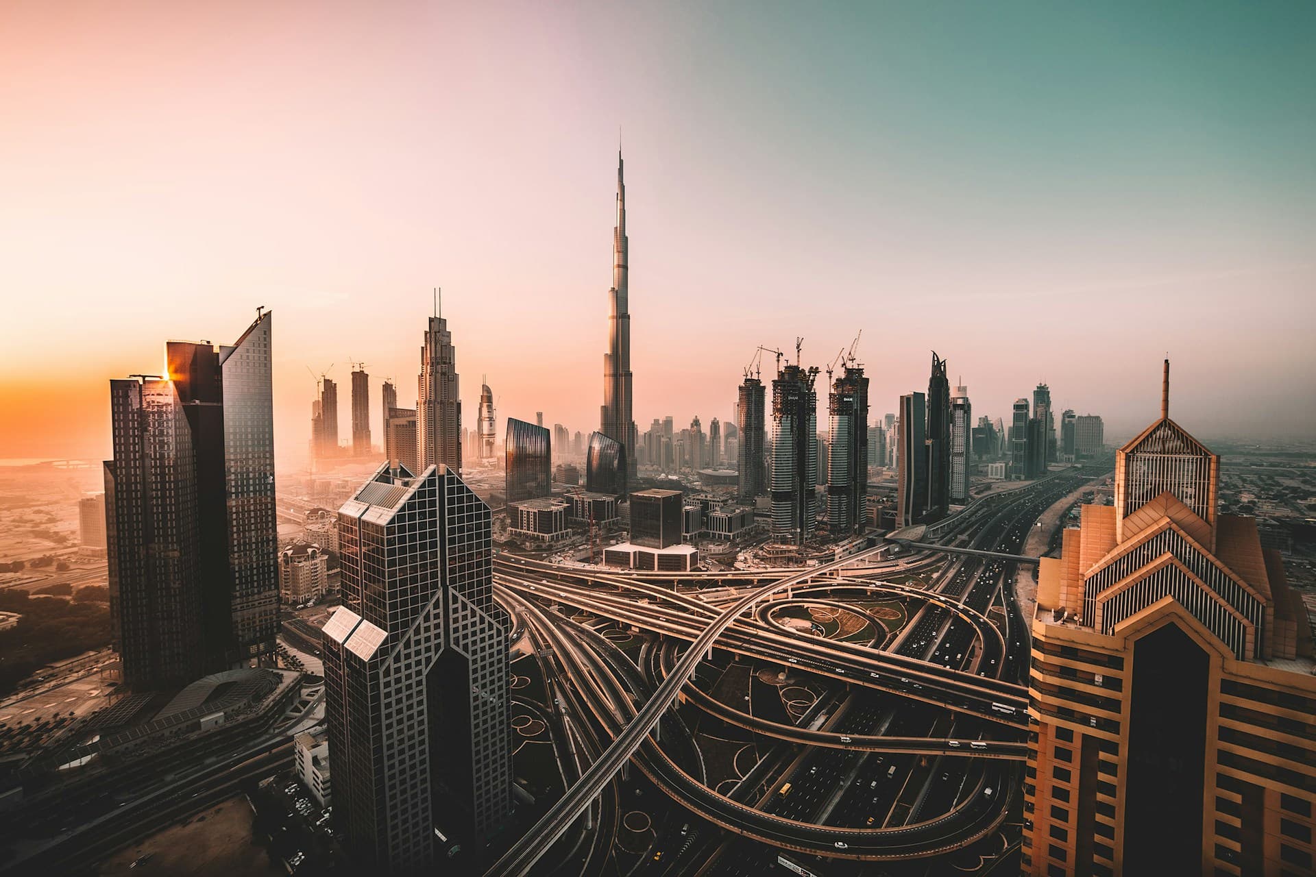 Aerial view of Dubai skyline at golden hour